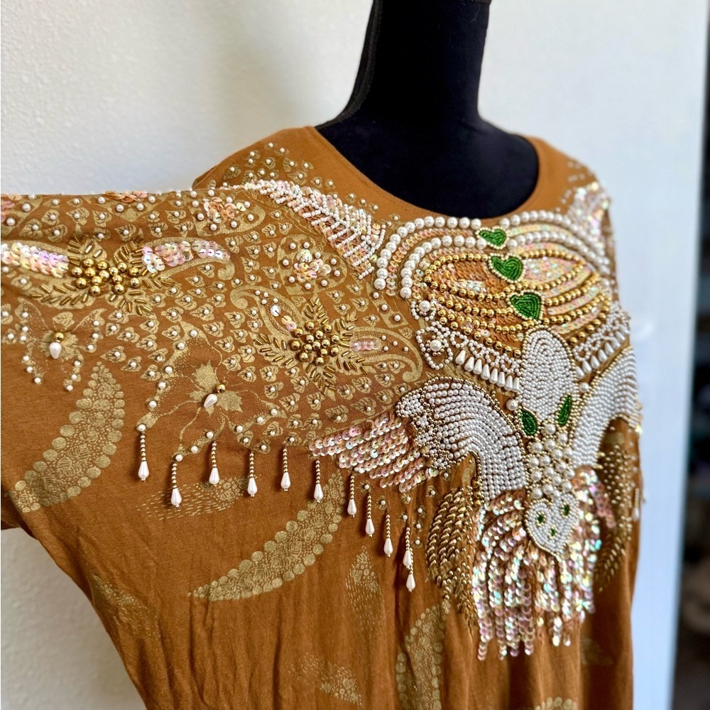 Boho Bali Beaded Sequin Tunic Top OSFM Western Batwing Embellished Festival top - Picture 2 of 6